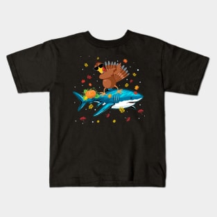 Dabbing Turkey Riding Shark Thanksgiving Christmas Gift Kids T-Shirt